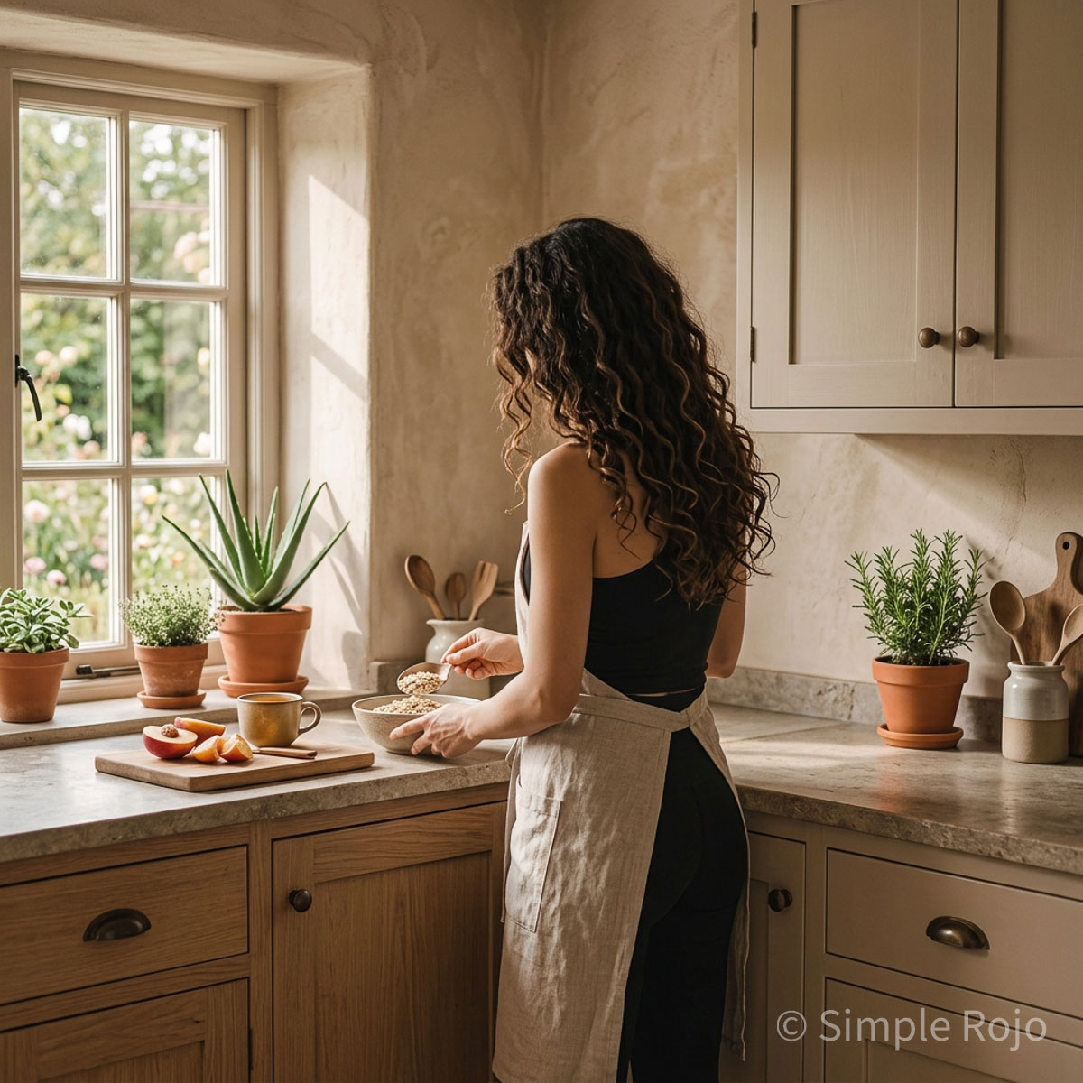 Mujer con cabello rizado preparando alimentos en una cocina cálida con luz natural, rodeada de plantas en macetas y utensilios de madera.