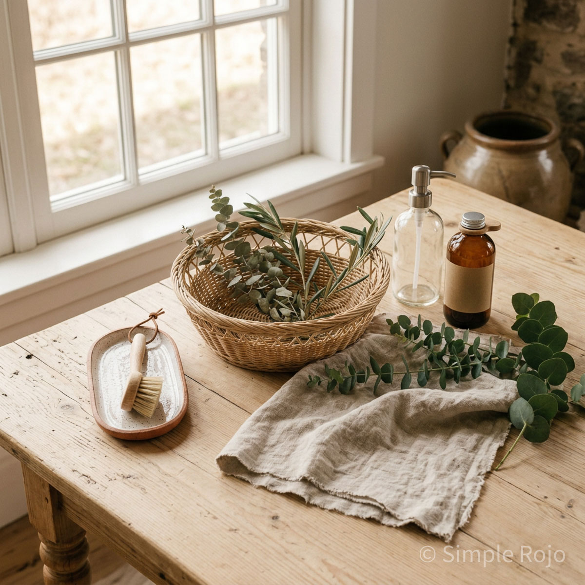 Mesa de madera con luz natural, cesta tejida con ramas de eucalipto y artículos de cuidado personal en tonos neutros, creando una escena calmada y minimalista.