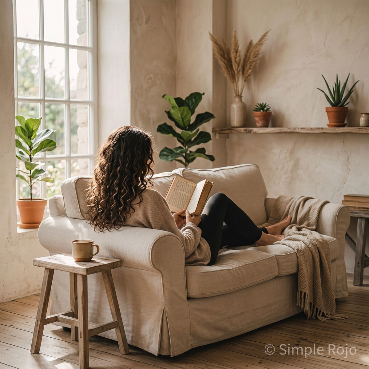 Mujer con cabello rizado leyendo un libro en un sillón beige, rodeada de plantas, luz natural y decoración cálida en una sala acogedora.