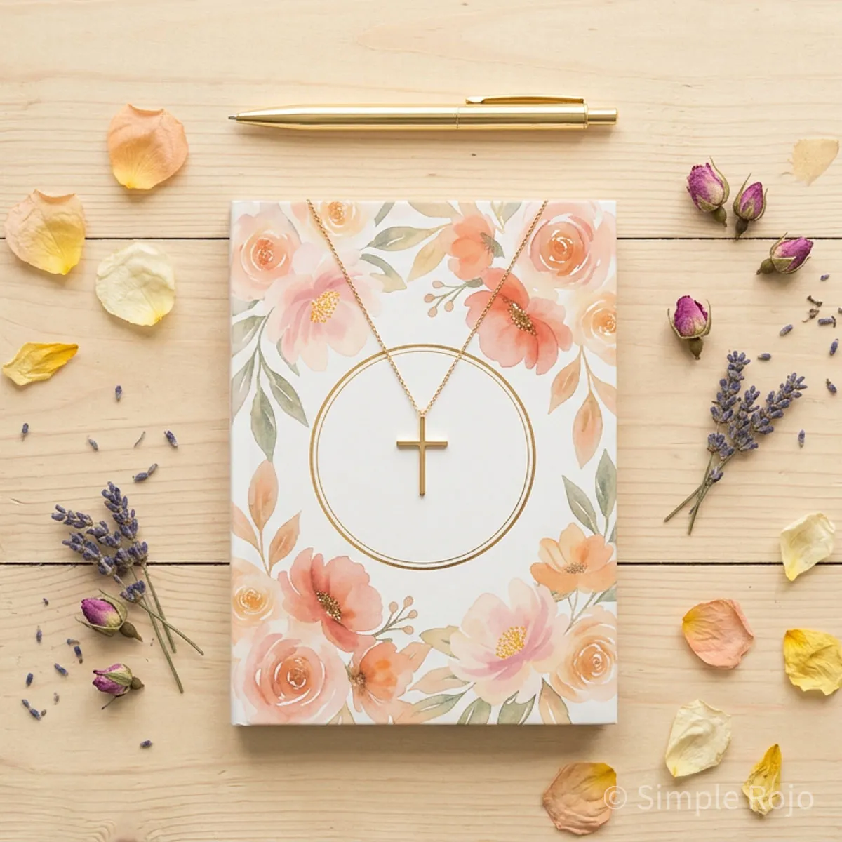 Cuaderno floral con un collar de cruz dorada, bolígrafo y pétalos secos sobre mesa de madera, creando un ambiente espiritual y delicado centrado en la fe en Jesús.