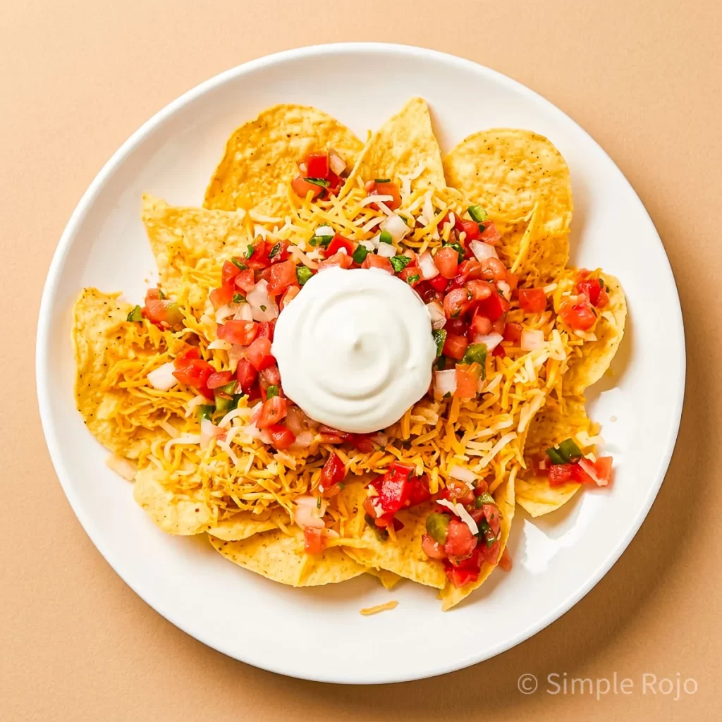 Nachos con queso, tomate, cebolla, pimientos y crema agria en el centro.