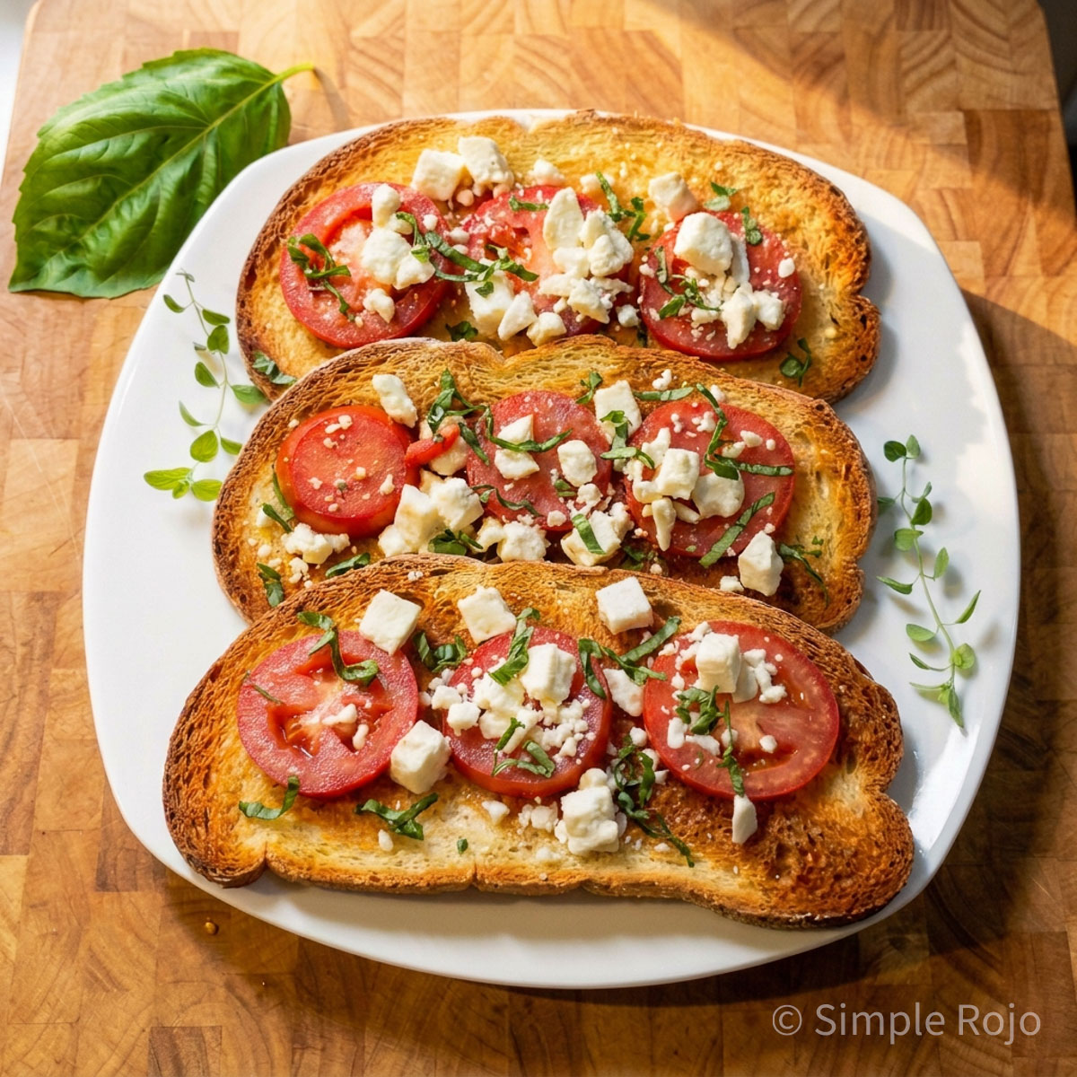 Bruschetta con tomates maduros, queso feta y albahaca fresca sobre pan tostado.